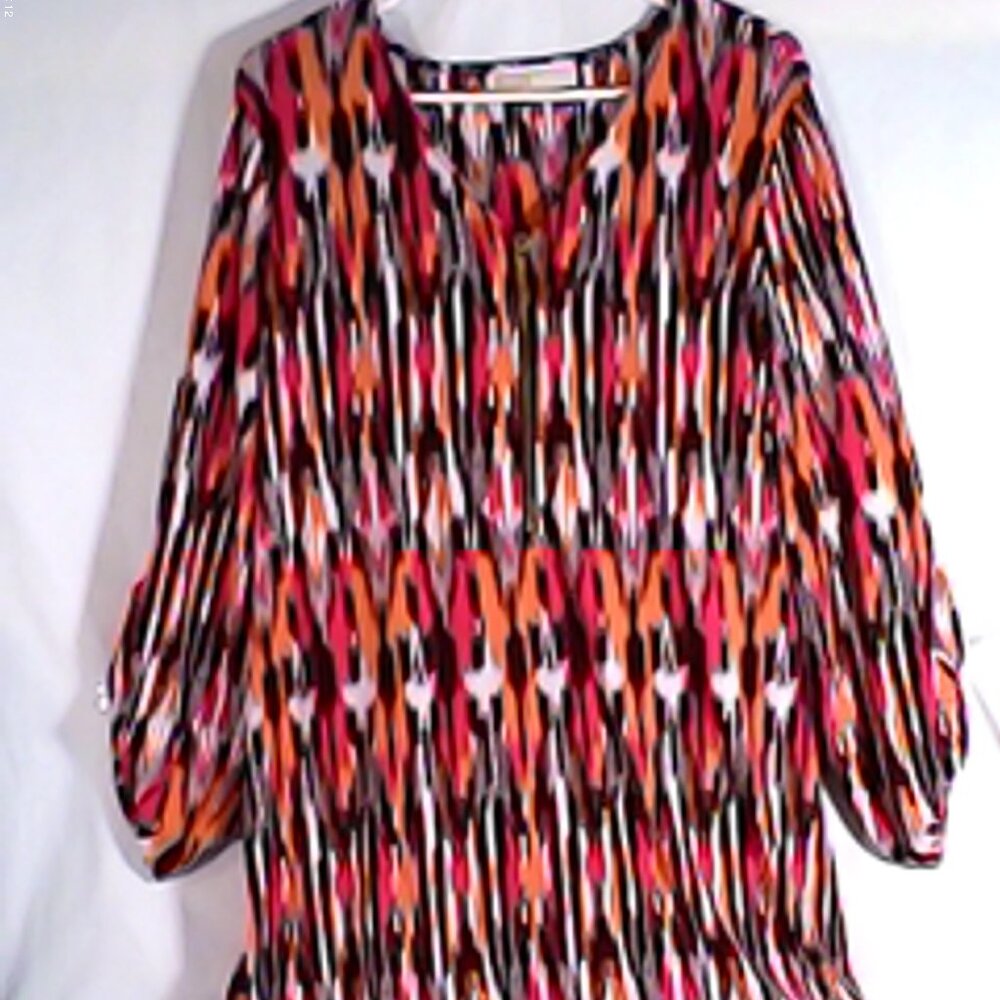 Michael Michael Kors Ikat Print Roll Tab Sleeve Half Zip Tunic Top Pink Orange